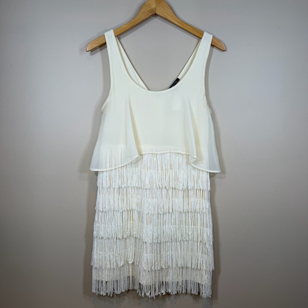 Retro 20s Boho Edgy Flapper Fringe AE Women's Size 6 Party Dress In Beige